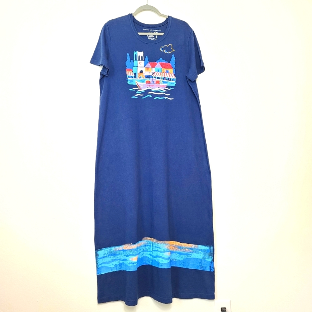 Michael Leu Art To Wear Sailboat Beachy 100% Cotton Maxi Dress